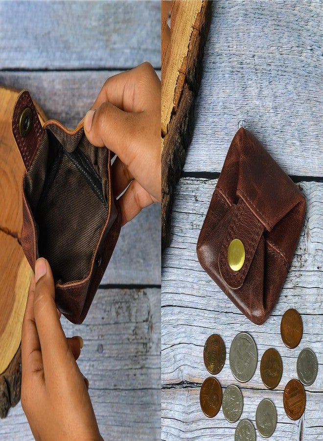 Contacts Handcrafted Leather Coin Pouch - Compact Change Holder & Mini Wallet for Men & Women - Brown - Image 5